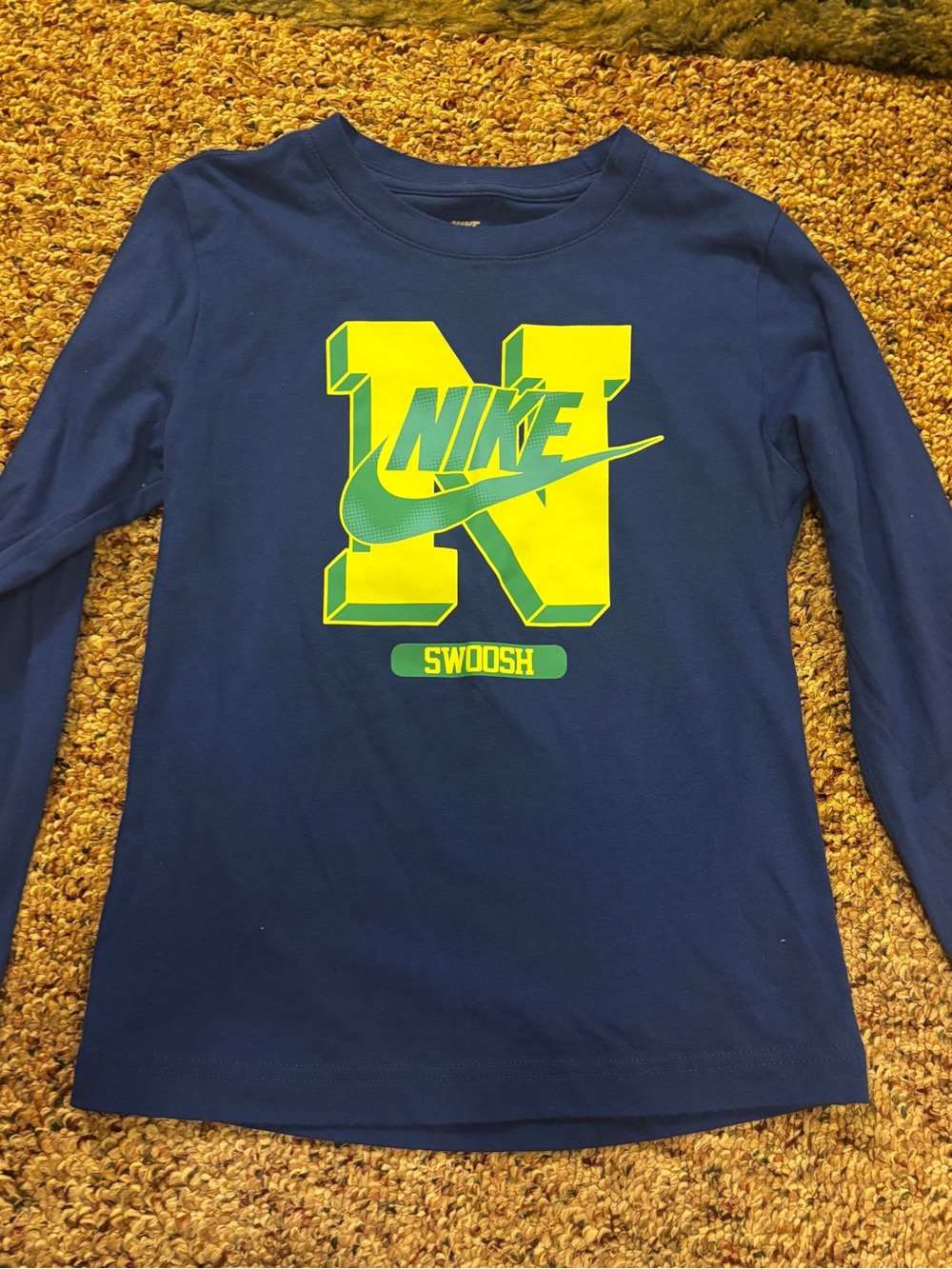 Nike Royal Blue Long-Sleeve Tee with neon Yellow & Green Swoosh Graphic